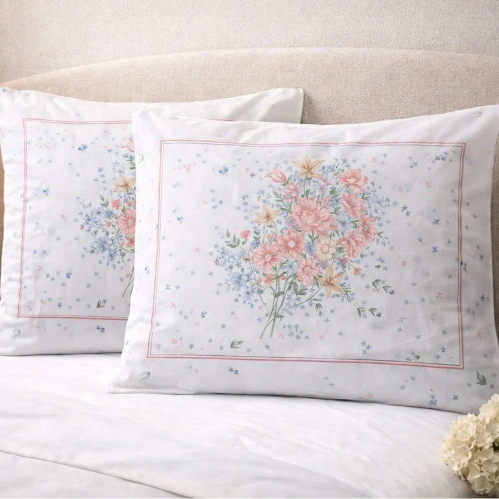TWO Vintage 1980 Utica White Floral Pillowcases 33 x 20 Made in USA